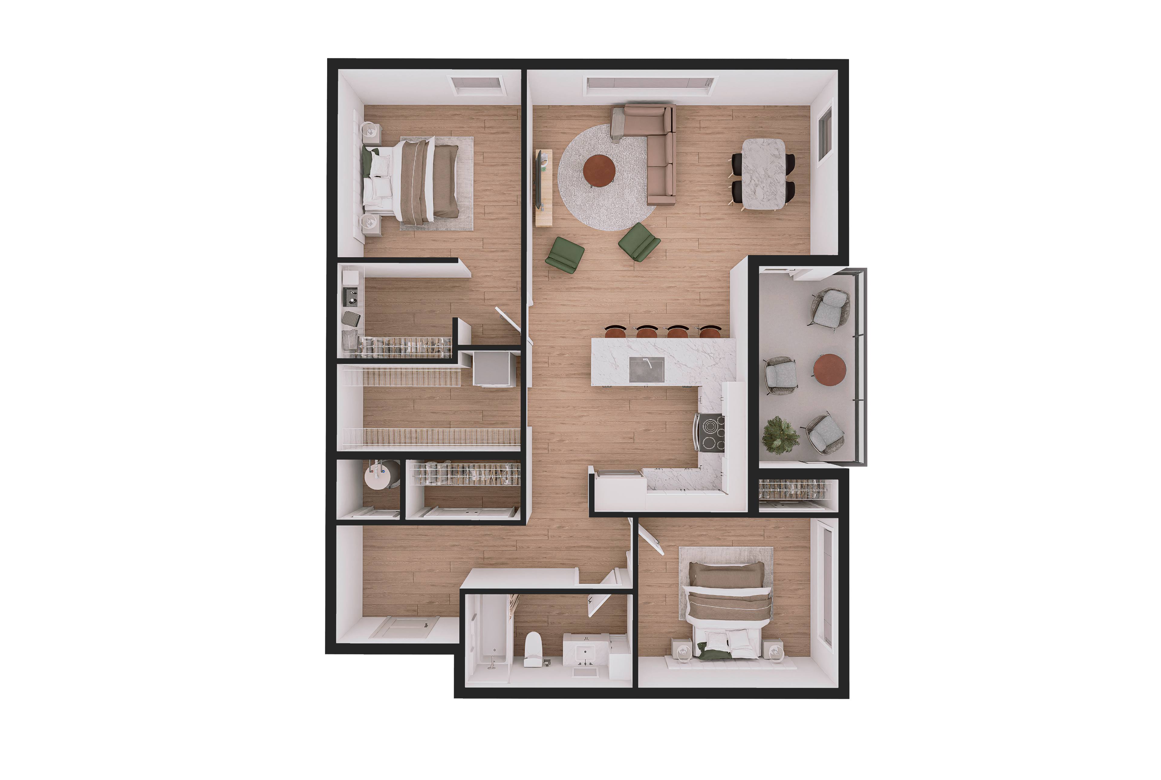 Floor plan for 2 beds, 1 bath, 1020 sqft